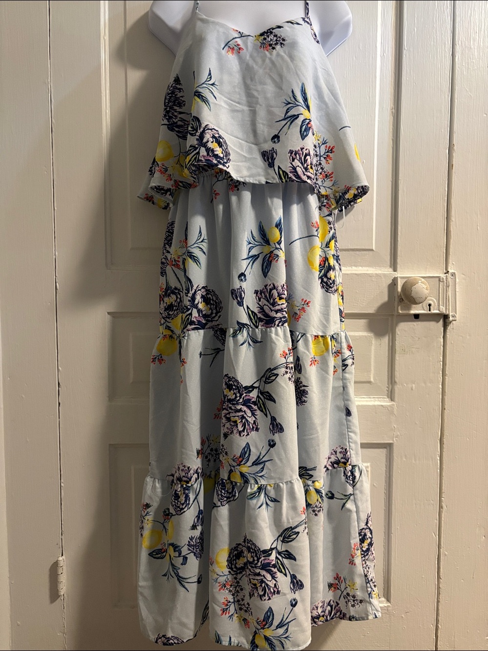 Kaari Blue Light Blue Floral Tiered Maxi Dress Size L